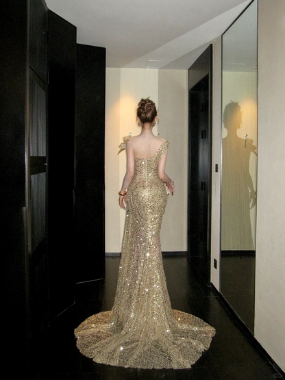 Classy Mermaid Scoop Pailletten Gold Lange Ballkleider Partykleid Geburtstag Outfits Abschlusskleider W086