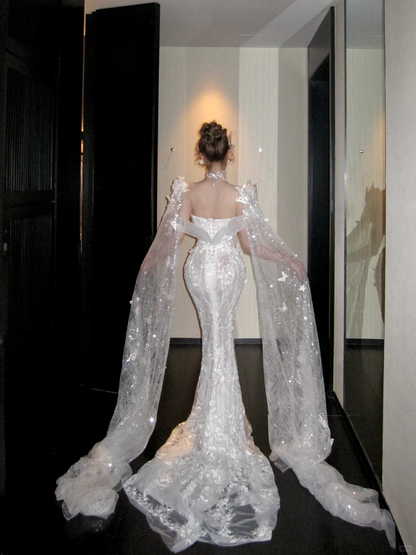 Hübsches Hochzeitskleid Meerjungfrau U-Ausschnitt Spitze Pailletten Weiß Lange Luxus Brautkleider Brautkleider Bräute Kleid WD088
