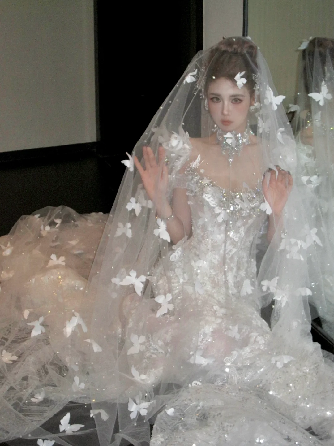 Hübsches Hochzeitskleid Meerjungfrau U-Ausschnitt Spitze Pailletten Weiß Lange Luxus Brautkleider Brautkleider Bräute Kleid WD088