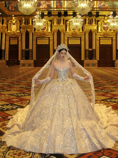 Hübsches Brautkleid Ballkleid Schatz Pailletten Gold Lange Luxus Brautkleider Brautkleider Bräute Kleid WD091