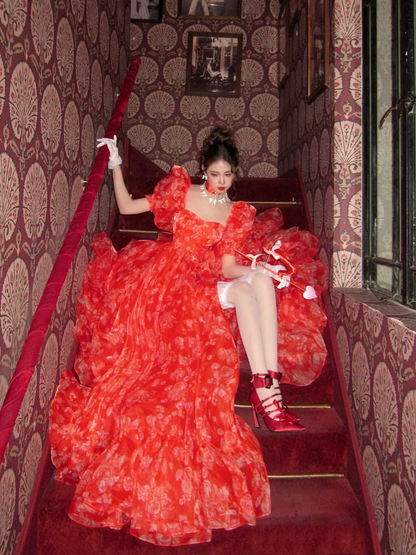 Edles Ballkleid Schatz Rot Schlitz Schichten Lange Ballkleider Partykleid Geburtstag Outfits Abschlusskleider WD094
