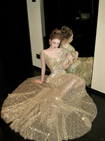 Classy Mermaid Scoop Pailletten Gold Lange Ballkleider Partykleid Geburtstag Outfits Abschlusskleider W086