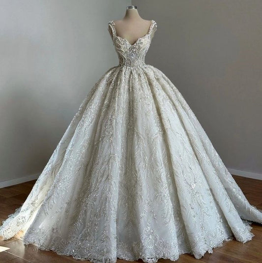 Unique Bridal Gown Ball Gown Straps Neck White Sequin Wedding Dresses Pretty Bridal Gowns DH1222