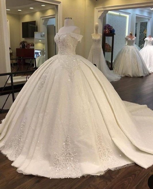 Prinzessin Brautkleid Ballkleid aus der Schulter weiße Spitze Brautkleider verträumte Brautkleider DH1225
