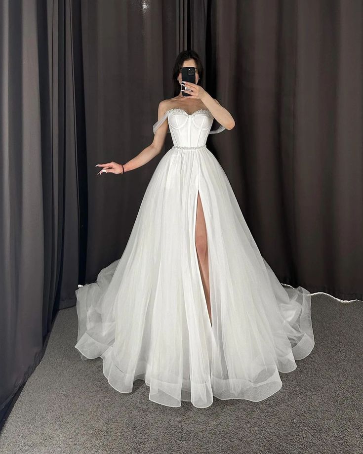 Robe de mariée unique, coupe trapèze, épaules dénudées, en tulle blanc, longue, jolie robe de mariée DH1238