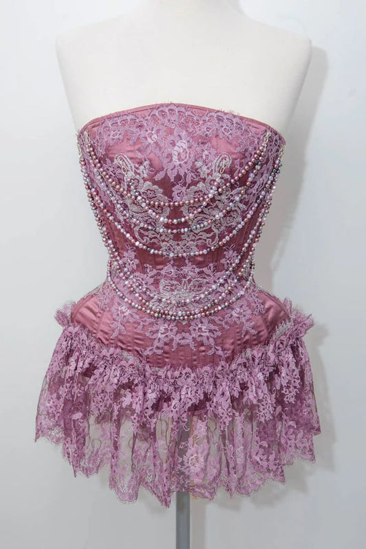 Unique Sheath Strapless Pink Lace Sleeveless Mini Formal 7th Grade Homecoming Dresses Middle School Short Prom Dress Hoco Outfits DH1401