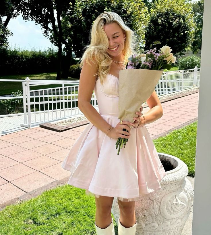Robe de bal courte en satin rose à bretelles, tenue de soirée unique, mini, pour le collège, tenue Hoco DH1411