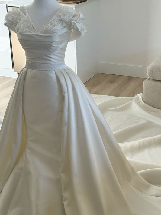 Classy Elegant Mermaid V Neck Short Sleeves Satin Wedding Dress With Ruffles Wedding Dresses Modest Wedding Gowns Brides Dress DH1416
