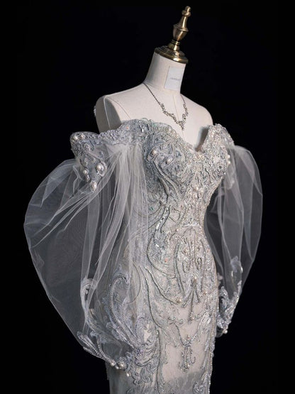 Prinzessin Brautkleid Meerjungfrau Schulterfrei Spitze Tüll Brautkleid Mit Langen Ärmeln Brautkleider Bescheidene Brautkleider DH1421