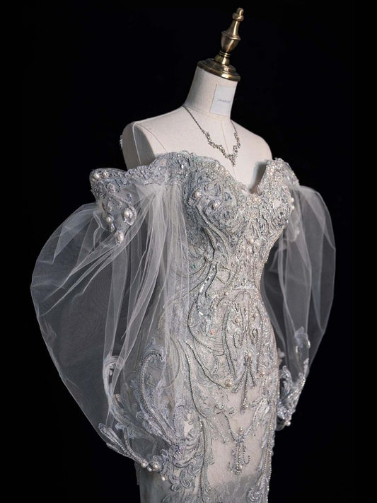 Prinzessin Brautkleid Meerjungfrau Schulterfrei Spitze Tüll Brautkleid Mit Langen Ärmeln Brautkleider Bescheidene Brautkleider DH1421