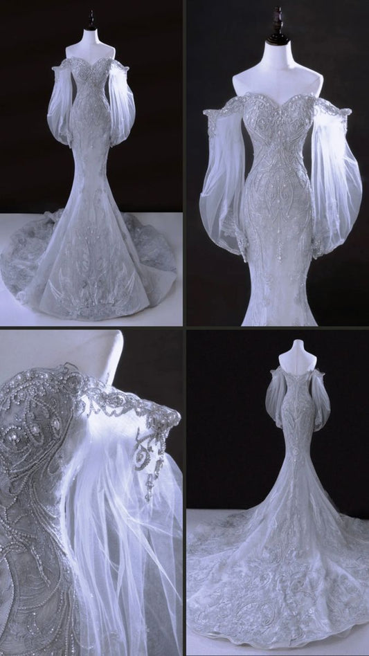 Prinzessin Brautkleid Meerjungfrau Schulterfrei Spitze Tüll Brautkleid Mit Langen Ärmeln Brautkleider Bescheidene Brautkleider DH1421