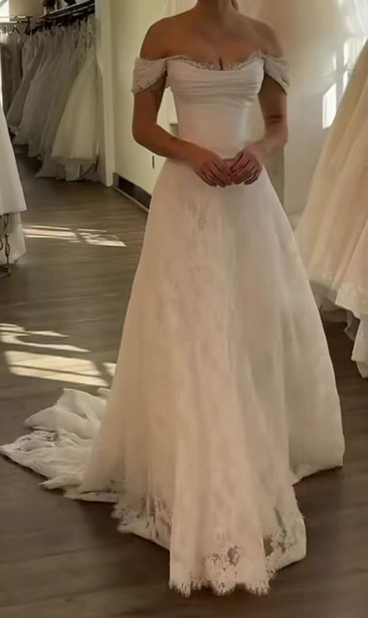 Prinzessin Brautkleid Meerjungfrau Schulterfrei Spitze Brautkleid Mit Kurzen Ärmeln Brautkleider Bescheidene Brautkleider DH1427