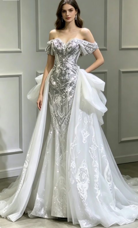 Princess Bridal Dress Mermaid Off The Shoulder Lace Sequin Wedding Dress With Short Sleeves Wedding Dresses Modest Wedding Gowns DH1492