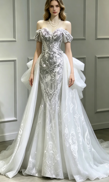Princess Bridal Dress Mermaid Off The Shoulder Lace Sequin Wedding Dress With Short Sleeves Wedding Dresses Modest Wedding Gowns DH1492