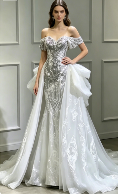 Princess Bridal Dress Mermaid Off The Shoulder Lace Sequin Wedding Dress With Short Sleeves Wedding Dresses Modest Wedding Gowns DH1492