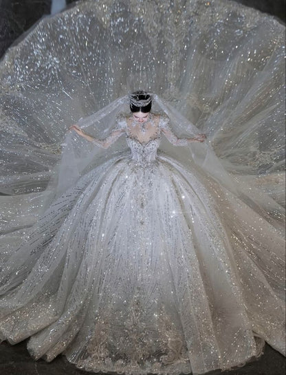 Robe de mariée blanche de luxe à paillettes et dentelle, décolleté en cœur, robe de mariée modeste, robe de princesse, DH1494