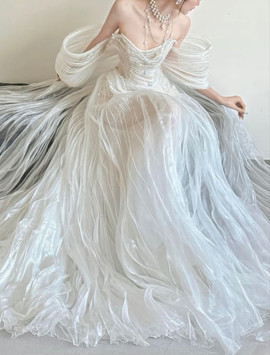 Prinzessin Brautkleid Etuikleid aus schulterfreiem Satin Brautkleid mit kurzen Ärmeln Brautkleider bescheidene Brautkleider DH1496