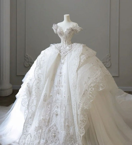 Princess Bridal Dress Ball Gown Off The Shoulder Tulle Wedding Dress With Short Sleeves Wedding Dresses Modest Wedding Gowns DH1503