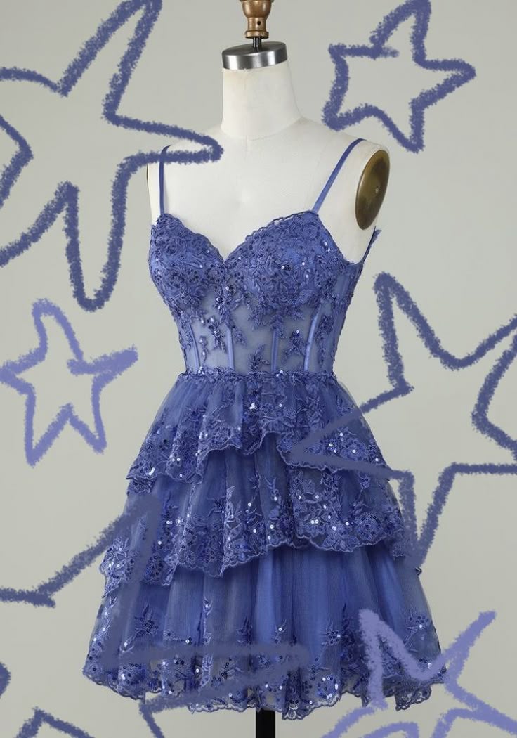 Robe de soirée courte en dentelle bleue à bretelles spaghetti, coupe trapèze, tenue de soirée courte et formelle pour le collège, tenue Hoco DH1513