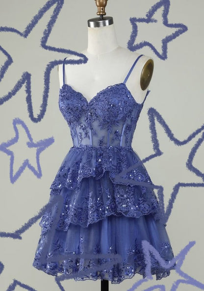Robe de soirée courte en dentelle bleue à bretelles spaghetti, coupe trapèze, tenue de soirée courte et formelle pour le collège, tenue Hoco DH1513