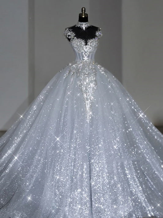 Unique Bridal Dress Ball Gown Scoop White Sequin Long Wedding Dresses Luxury Bride Dress Bridal Gowns DH1519