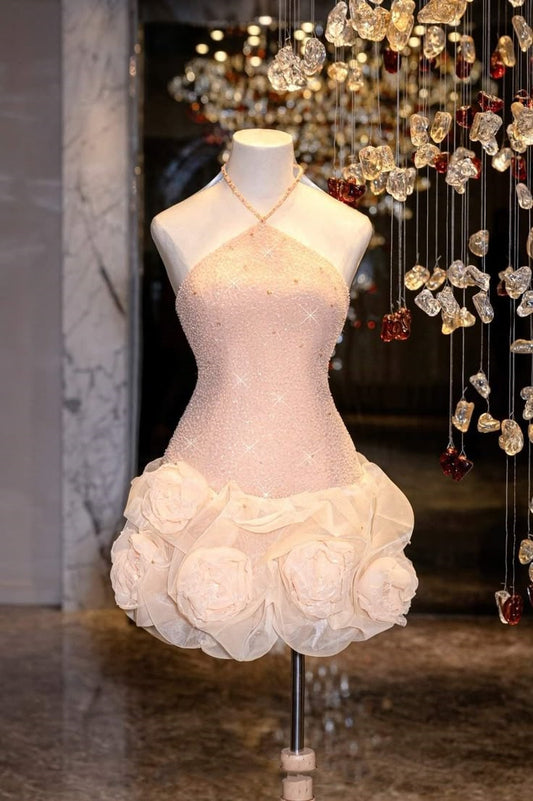 Cute Sheath Halter Sequin Blush Pink Short Mini Formal 8th Grade Homecoming Dresses Middle School Cocktail Night Dress Hoco Outfits DH1528