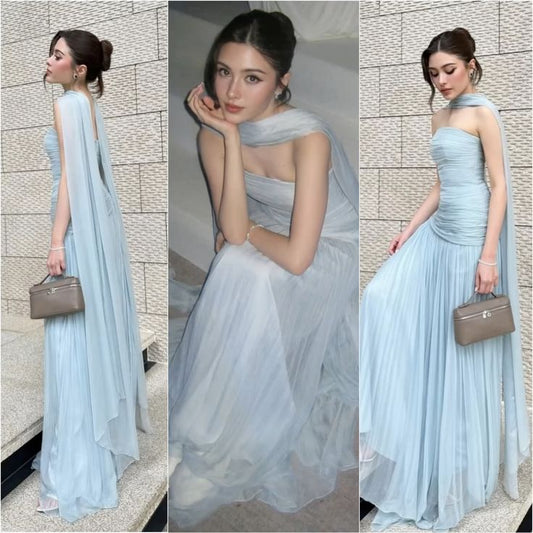 Elegant A line Strapless Light Sky Blue Tulle Prom Dresses Party Dress Summer 22th Birthday Outfits 18th Birthday Dresses DH1581