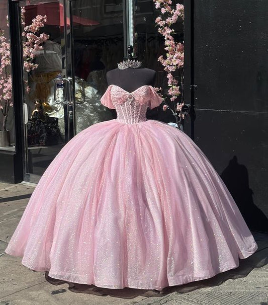 Robe de bal modeste à épaules dénudées en tulle rose, longue, robe de soirée, robe de 15 ans, robe Sweet 16, DH1846