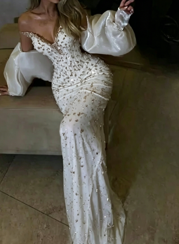 Sexy Meerjungfrau Abendkleid Schatz Champagner Pailletten Lange Ballkleider Partykleid 20. Geburtstag Outfits Abschlusskleider DH1862