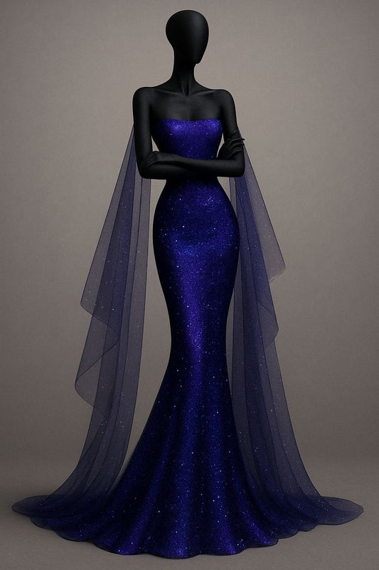 Sexy Meerjungfrau Trägerloses Königsblau Pailletten Lange Ballkleider Partykleid 20. Geburtstag Outfits Abschlusskleider DH1881