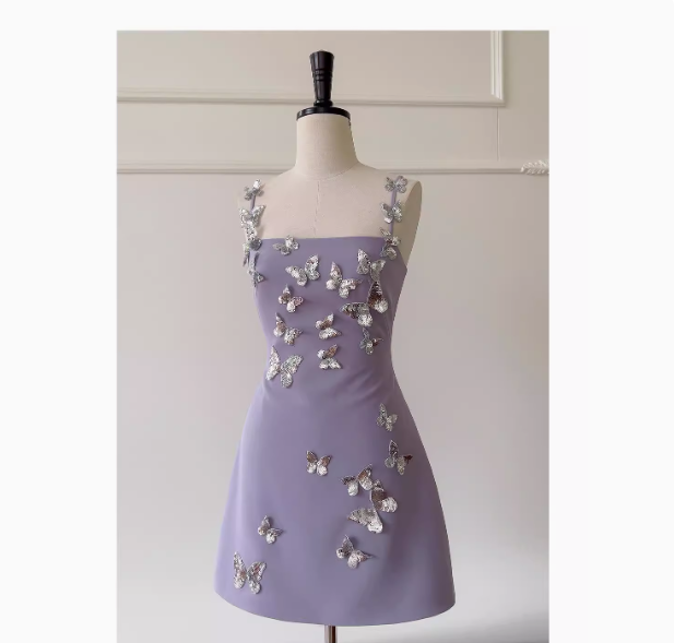 Cute A line Straps Satin Liac Short Grad Dress Inspo Short Mini Formal 8th Grade Homecoming Dresses High School Hoco Court Dress Graduation Dress Cocktail 18th Birthday Outfits DH1943
