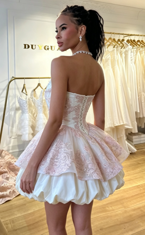 Pretty Ball Gown Strapless Floral Pink Formal Homecoming Dresses Short 21st Birthday Outfits Graduation Dress Mini Cocktail Dresses DH2287