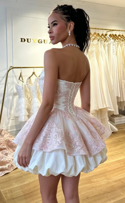 Pretty Ball Gown Strapless Floral Pink Formal Homecoming Dresses Short 21st Birthday Outfits Graduation Dress Mini Cocktail Dresses DH2287