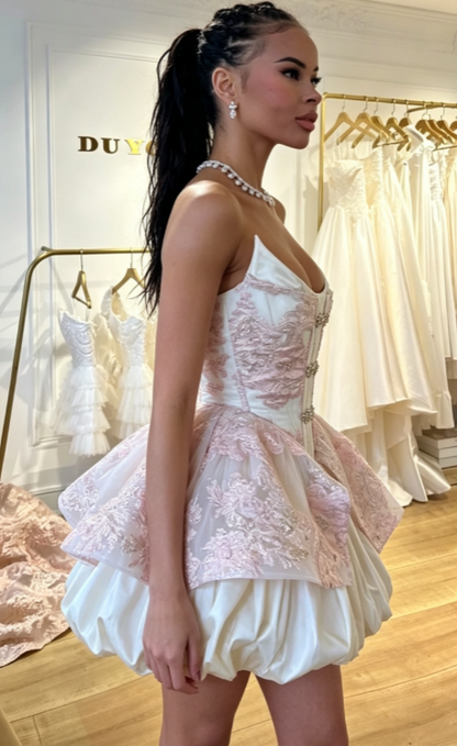 Pretty Ball Gown Strapless Floral Pink Formal Homecoming Dresses Short 21st Birthday Outfits Graduation Dress Mini Cocktail Dresses DH2287