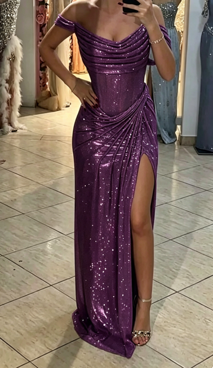 Sparkly Mermaid Off The Shoulder Blaue Pailletten Langer Schlitz Abendkleider Abendkleid Besondere Abendkleider Ballkleid DH2318