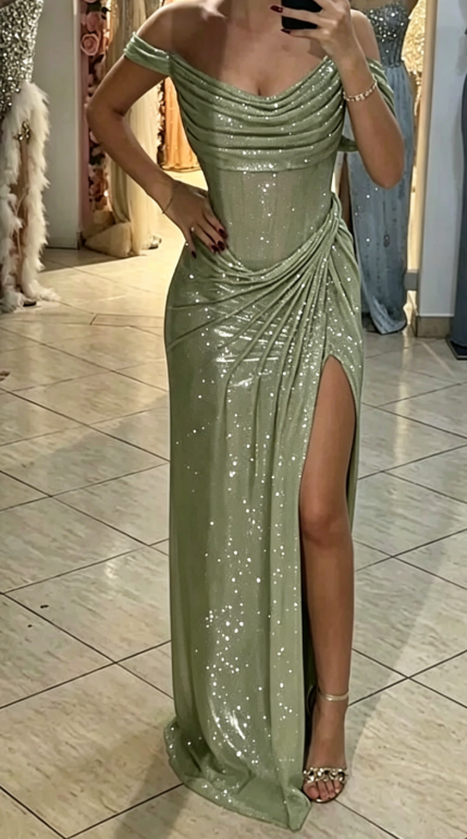 Sparkly Mermaid Off The Shoulder Blaue Pailletten Langer Schlitz Abendkleider Abendkleid Besondere Abendkleider Ballkleid DH2318