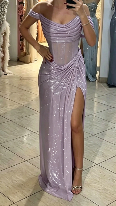 Sparkly Mermaid Off The Shoulder Blaue Pailletten Langer Schlitz Abendkleider Abendkleid Besondere Abendkleider Ballkleid DH2318