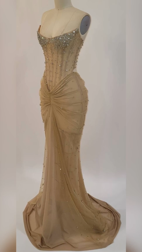 Sexy Mermaid Strapless Champagne Sleeveless Black Girl Evening Party Gowns Evening Dress Special Formal Dresses Prom Dress DH2361