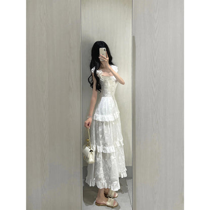 Vintage A line Square Neck White Lace Long Summer 18th Birthday Dress Party Dress Birthday Outfits Evening Dresses DH2408