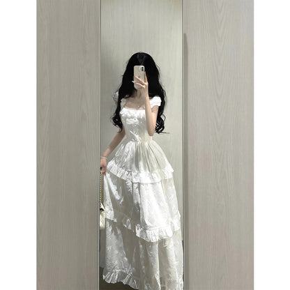 Vintage A line Square Neck White Lace Long Summer 18th Birthday Dress Party Dress Birthday Outfits Evening Dresses DH2408