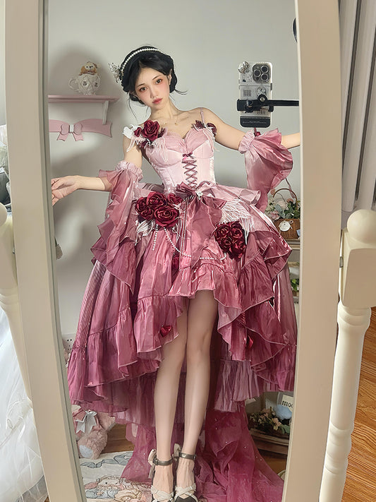 Vintage Ball Gown Spaghetti Straps Chiffon Summer 18th Birthday Dress High Low Ombre Pink Lolita Dress 18th Birthday Outfits DH2416