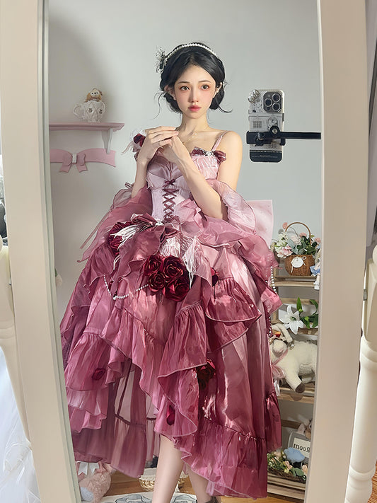 Vintage Ball Gown Spaghetti Straps Chiffon Summer 18th Birthday Dress High Low Ombre Pink Lolita Dress 18th Birthday Outfits DH2416