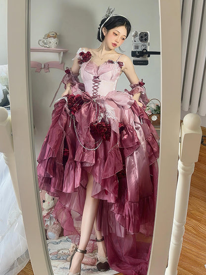 Vintage Ball Gown Spaghetti Straps Chiffon Summer 18th Birthday Dress High Low Ombre Pink Lolita Dress 18th Birthday Outfits DH2416