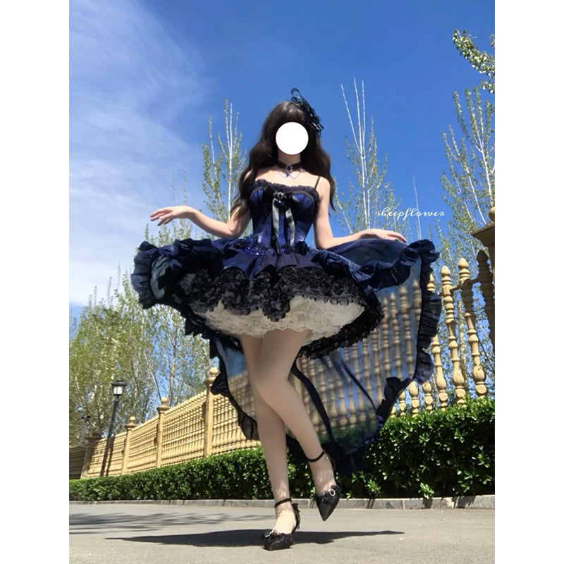 Vintage Ball Gown Spaghetti Straps Black And Blue Lace Summer 16th Birthday Dress Lolita Dress Mini 18th Birthday Outfits Short Lolita Outfit DH2421