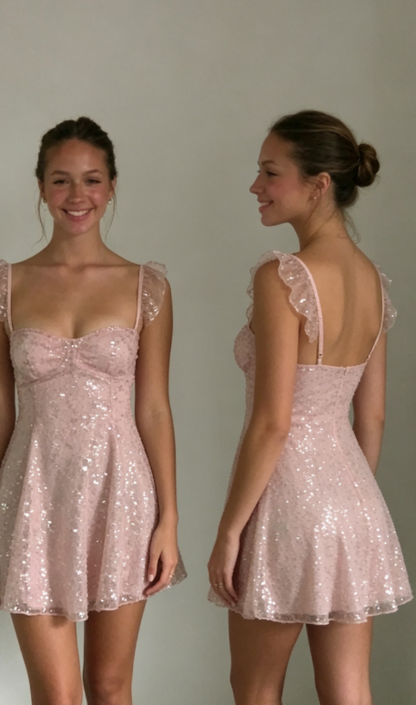 Cute A Line Square Pink Sequin Formal Homecoming Dresses 18th Birthday Outfits Graduation Dress Short Mini Hoco Dresses DH2515