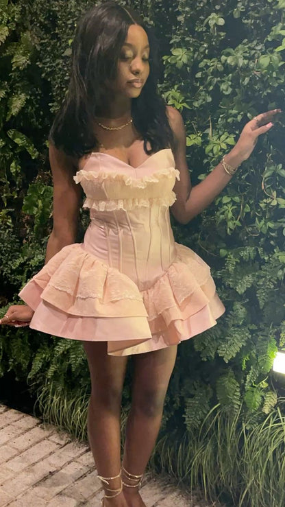 Modest Ball Gown Sweetheart Pink Satin Lace Short Formal 8th Grade Homecoming Dresses Middle School Cocktail Dress Hoco Outfits DH2589