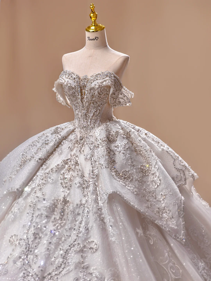 Princess Wedding Dress Ball Gown Off The Shoulder Sequin Short Sleeves Wedding Dresses Bridal Gowns DH2787