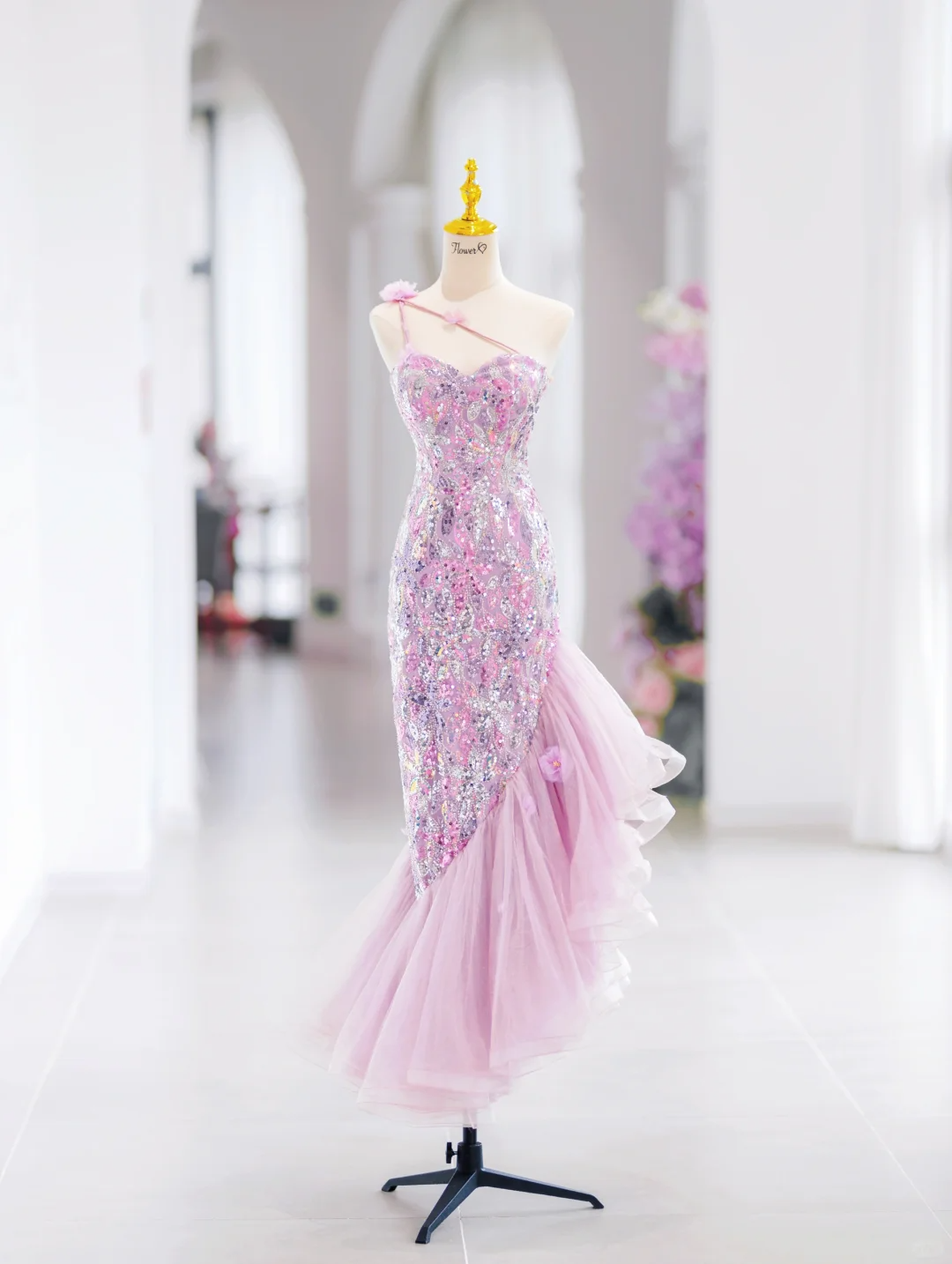Bescheidene Meerjungfrau Eine Schulter Rosa Pailletten Lange Abendkleider Abendkleid Besondere Abendkleider Ballkleid DH2792