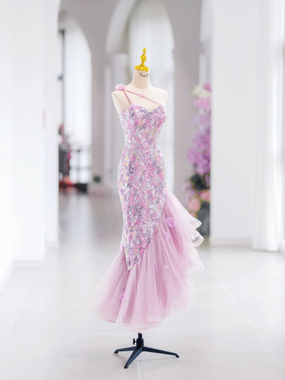 Bescheidene Meerjungfrau Eine Schulter Rosa Pailletten Lange Abendkleider Abendkleid Besondere Abendkleider Ballkleid DH2792