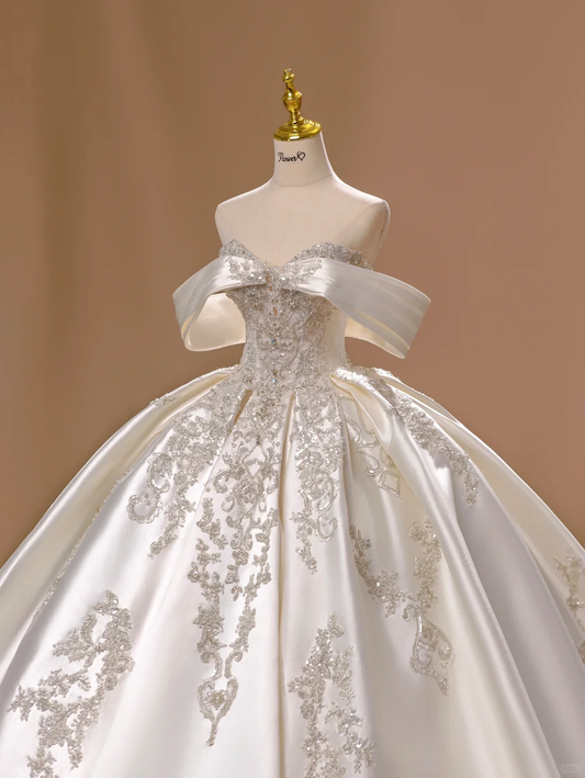 Prinzessin Brautkleid Ballkleid aus der Schulter Satin Spitze kurze Ärmel Brautkleider Brautkleider DH2803